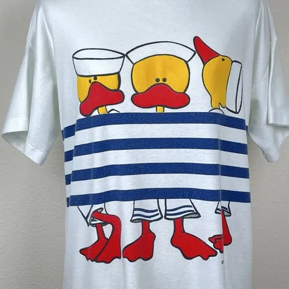 Vintage BJ Frog Sleep Shirt Womens Medium 80s Ducks Sailor Nautical Stripe Retro - Picture 3 of 11